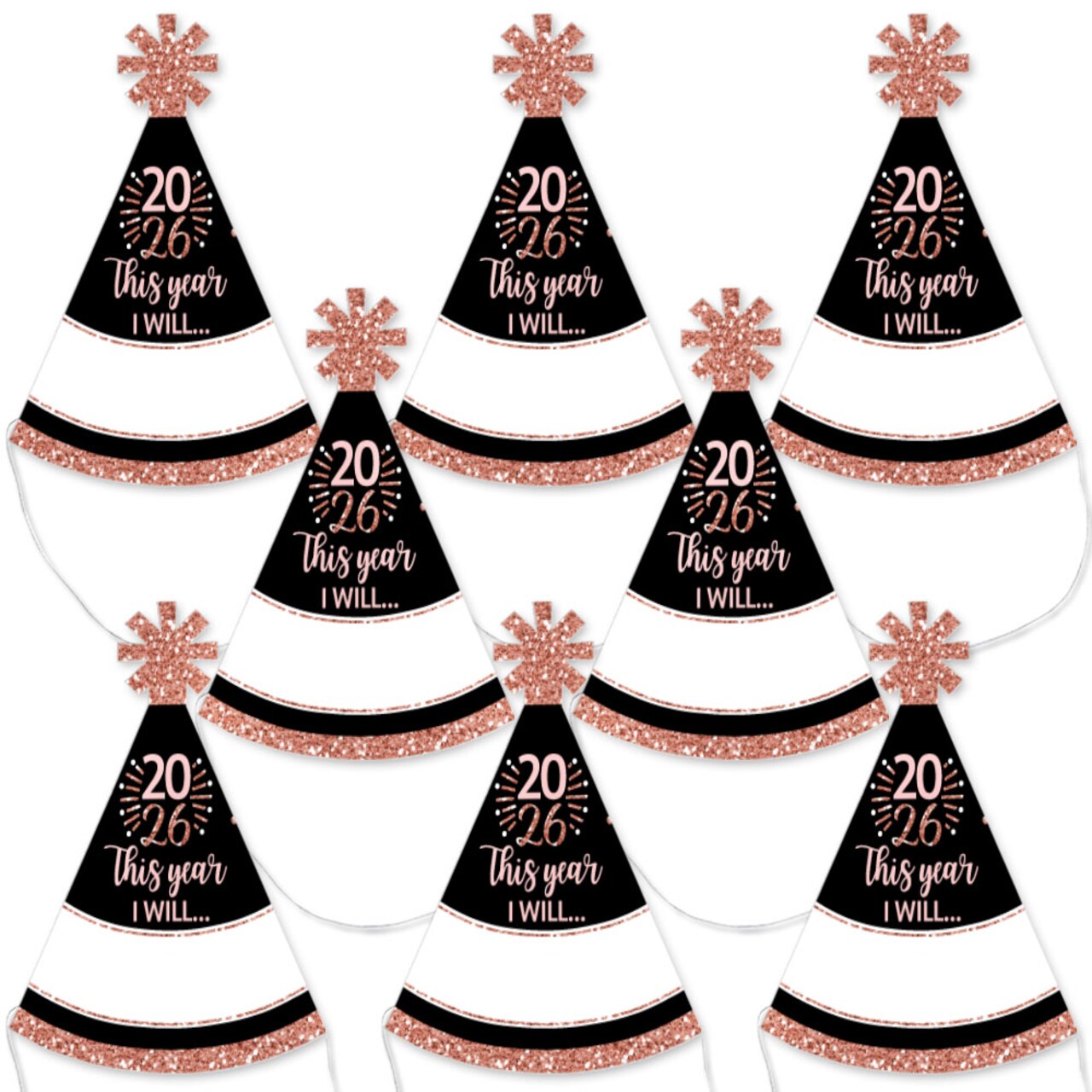 Big Dot of Happiness Rose Gold Happy New Year - Mini Cone 2026 New Year's Eve Resolution Party Hats - Small Little Party Hats - Set of 8